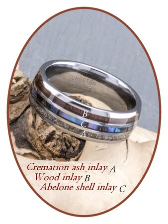 JB Memorials Naturline Holz / Abalone Shell Wolfram Asche Ring - WR006