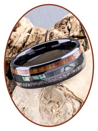 JB Memorials Naturline Holz / Abalone Shell Black Ceramic Zirconium Asche Ring - WR013